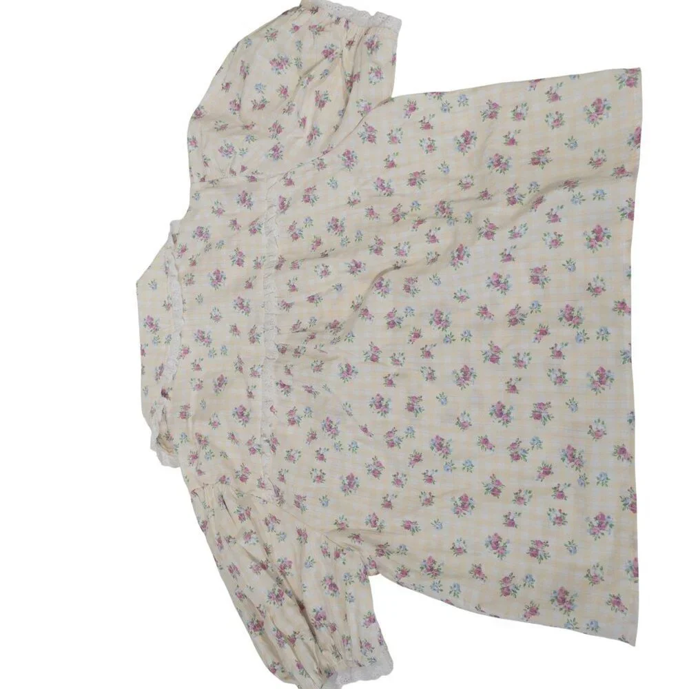 Cottage Core Peach Love Yellow and White Gingham Floral Top SZ S Puff Sleeve - Picture 7 of 13